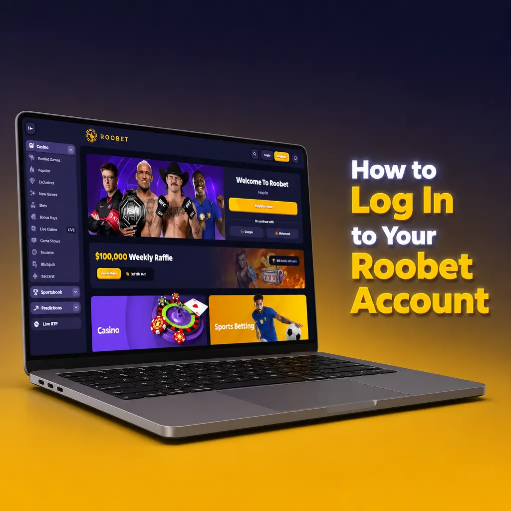 Step-by-step guide showing how to log in to a Roobet account using email, password, and two factor authentication.